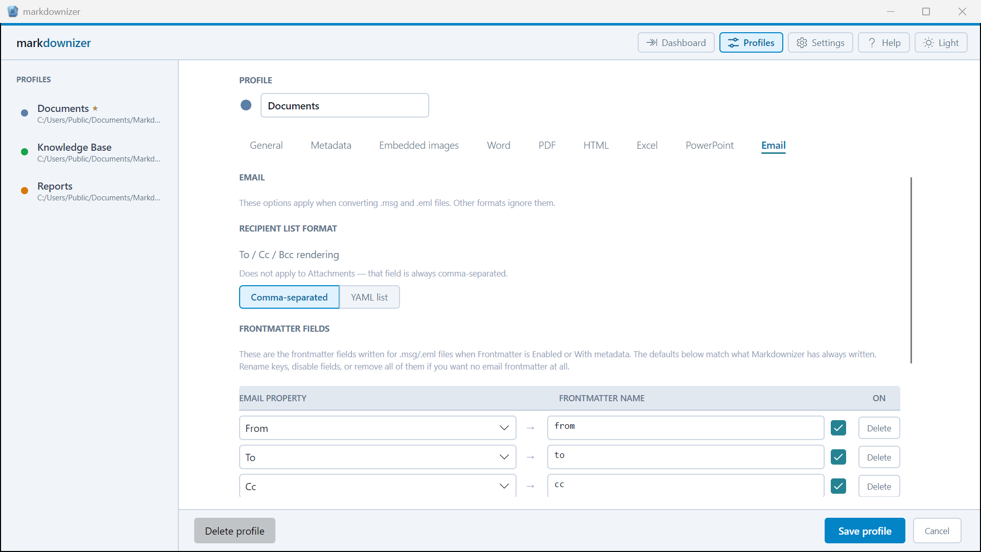 Markdownizer email conversion settings for a profile
